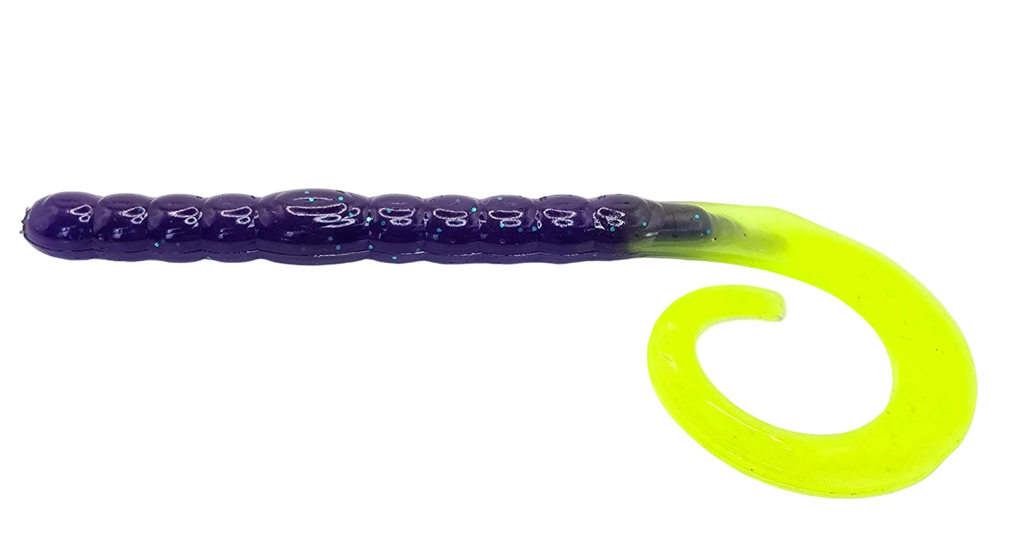Purple and green fishing lure on a white background
